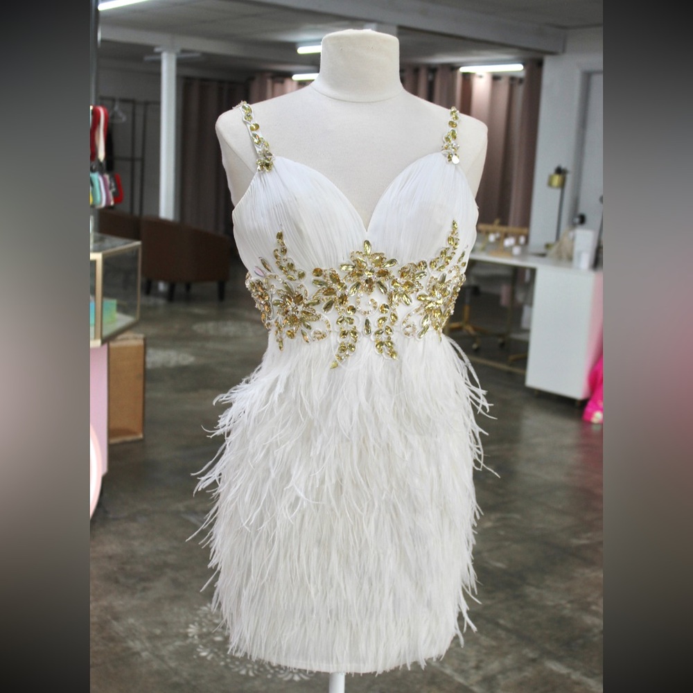 Elegant White and Gold Feathered Mini Dress